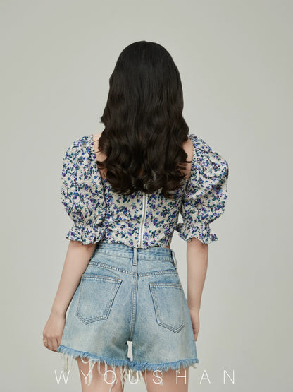 059 Wang Youshan Denim Shorts Women's Loose Summer High Waist Hot Pants New 2024 Thin Raw Edge A-Line Pants
