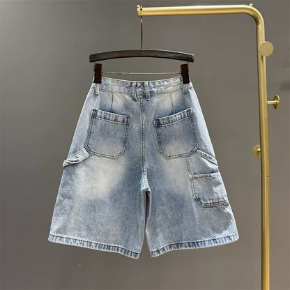 2025 summer new high waist casual five-point jeans for women all-match trendy workwear straight slim wide-leg mid-length pants