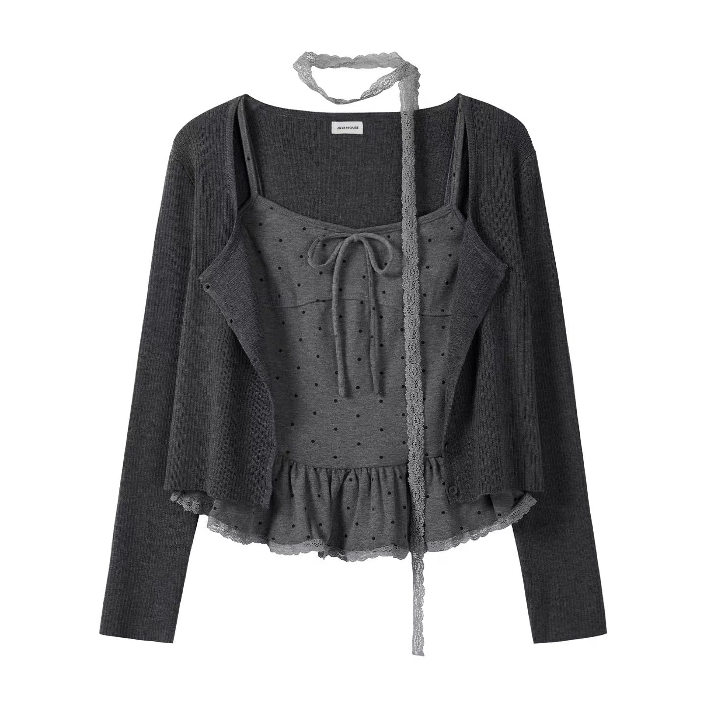 Early Autumn Pure and Sexy Sweet and Spicy Lace Polka Dot Ruffled Camisole Cardigan Cardigan Scarf Two-Piece Top