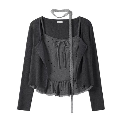 Early Autumn Pure and Sexy Sweet and Spicy Lace Polka Dot Ruffled Camisole Cardigan Cardigan Scarf Two-Piece Top