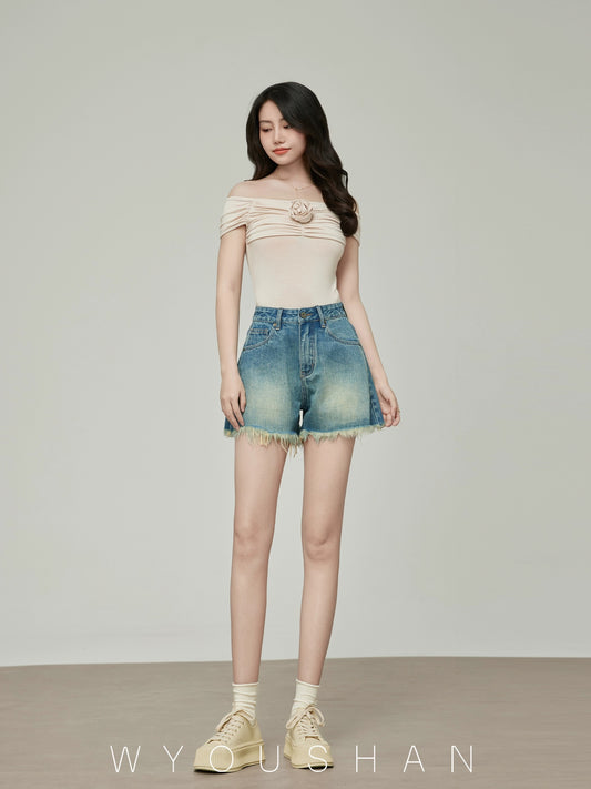 061 Wang Youshan Denim Shorts Women's Loose Summer High Waist Hot Pants New 2024 Thin Raw Edge A-Line Pants
