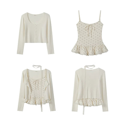 Early Autumn Pure and Sexy Sweet and Spicy Lace Polka Dot Ruffled Camisole Cardigan Cardigan Scarf Two-Piece Top
