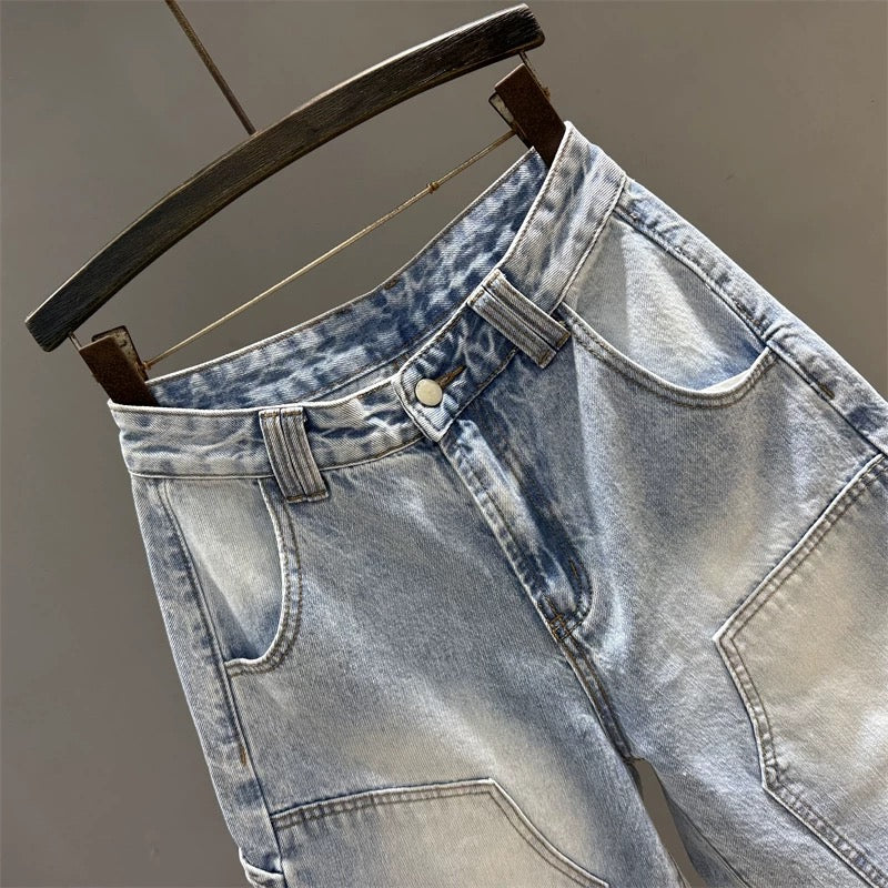 2025 summer new high waist casual five-point jeans for women all-match trendy workwear straight slim wide-leg mid-length pants
