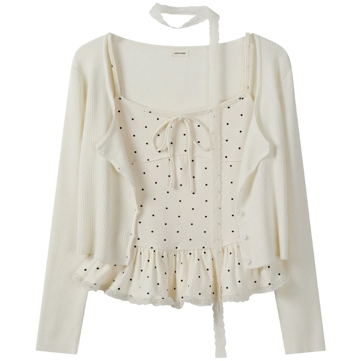 Early Autumn Pure and Sexy Sweet and Spicy Lace Polka Dot Ruffled Camisole Cardigan Cardigan Scarf Two-Piece Top