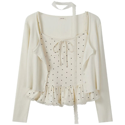 Early Autumn Pure and Sexy Sweet and Spicy Lace Polka Dot Ruffled Camisole Cardigan Cardigan Scarf Two-Piece Top