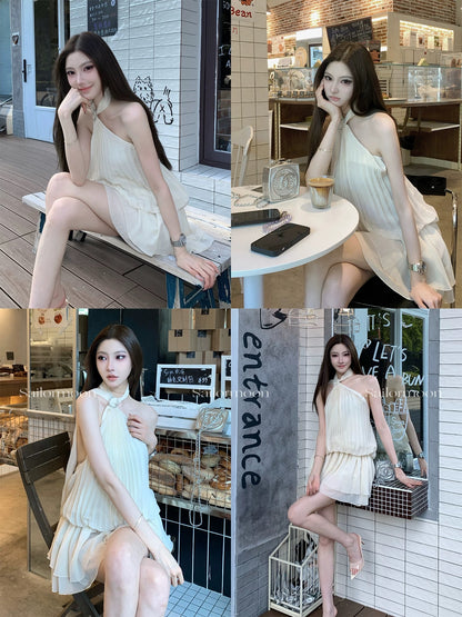 7.15/20 [Oliana] Long ribbon diamond buckle decoration halter neck large backless dress pants