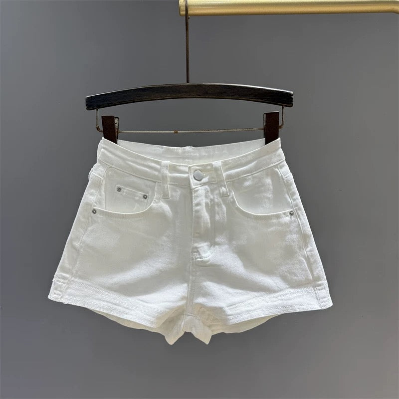 White hot girl high waist denim shorts female 2025 summer new simple versatile slim wide leg a hot pants ins