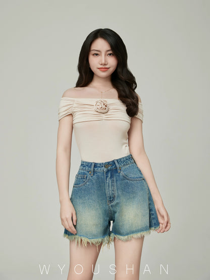 061 Wang Youshan Denim Shorts Women's Loose Summer High Waist Hot Pants New 2024 Thin Raw Edge A-Line Pants