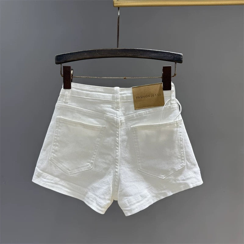 White hot girl high waist denim shorts female 2025 summer new simple versatile slim wide leg a hot pants ins