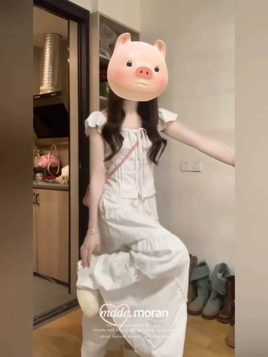 A complete set of summer clothes for girls with a sense of first love, sweet little flying sleeves tops and skirts, two-piece suits for small people
