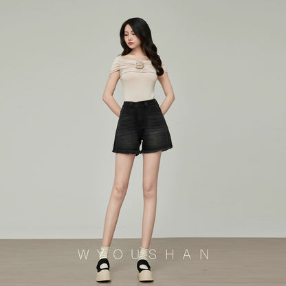 061 Wang Youshan Denim Shorts Women's Loose Summer High Waist Hot Pants New 2024 Thin Raw Edge A-Line Pants