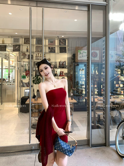 7.15/20 [Retro Girl] Retro red short slim waist tube top dress
