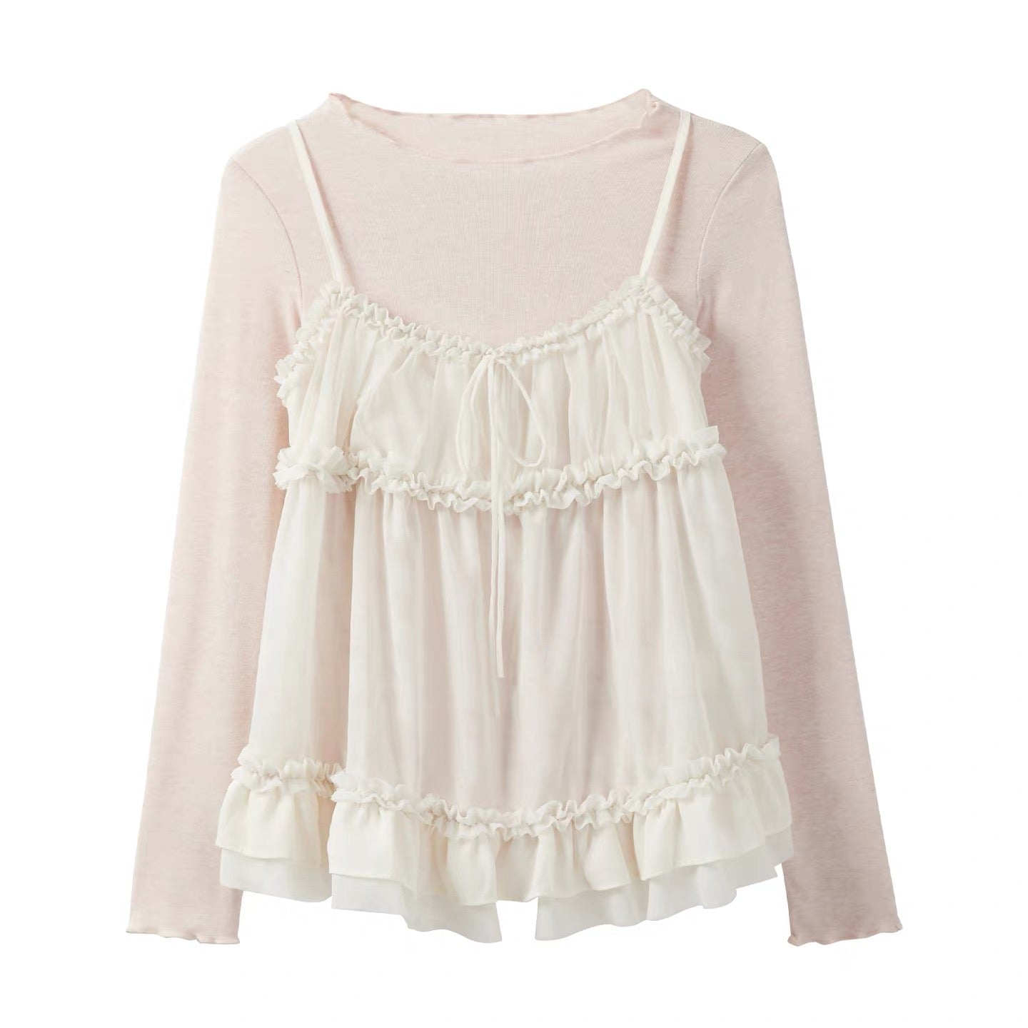 Autumn New French Sweet Style Round Neck Long Sleeve T-Shirt Set with Ruffled Lace Camisole Two-Piece Set for Women