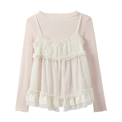 Autumn New French Sweet Style Round Neck Long Sleeve T-Shirt Set with Ruffled Lace Camisole Two-Piece Set for Women