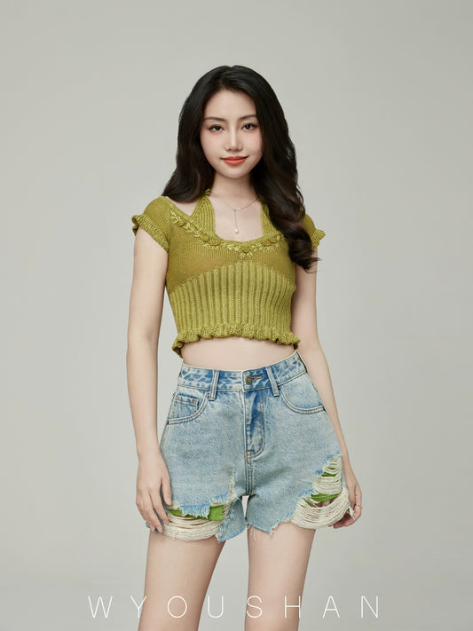 056 Wang Youshan ripped denim shorts women's loose summer high waist hot pants new 2024 thin a-line pants