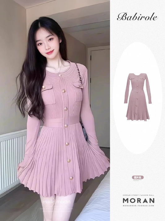 Xiaoxiangfeng atmosphere fishing style date skirt 2025 early spring new Korean style pink knitted dress short skirt for small people