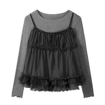 Autumn New French Sweet Style Round Neck Long Sleeve T-Shirt Set with Ruffled Lace Camisole Two-Piece Set for Women