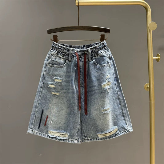 Retro design ripped denim shorts for women 2025 summer elastic waist loose wide-leg casual pants straight pants