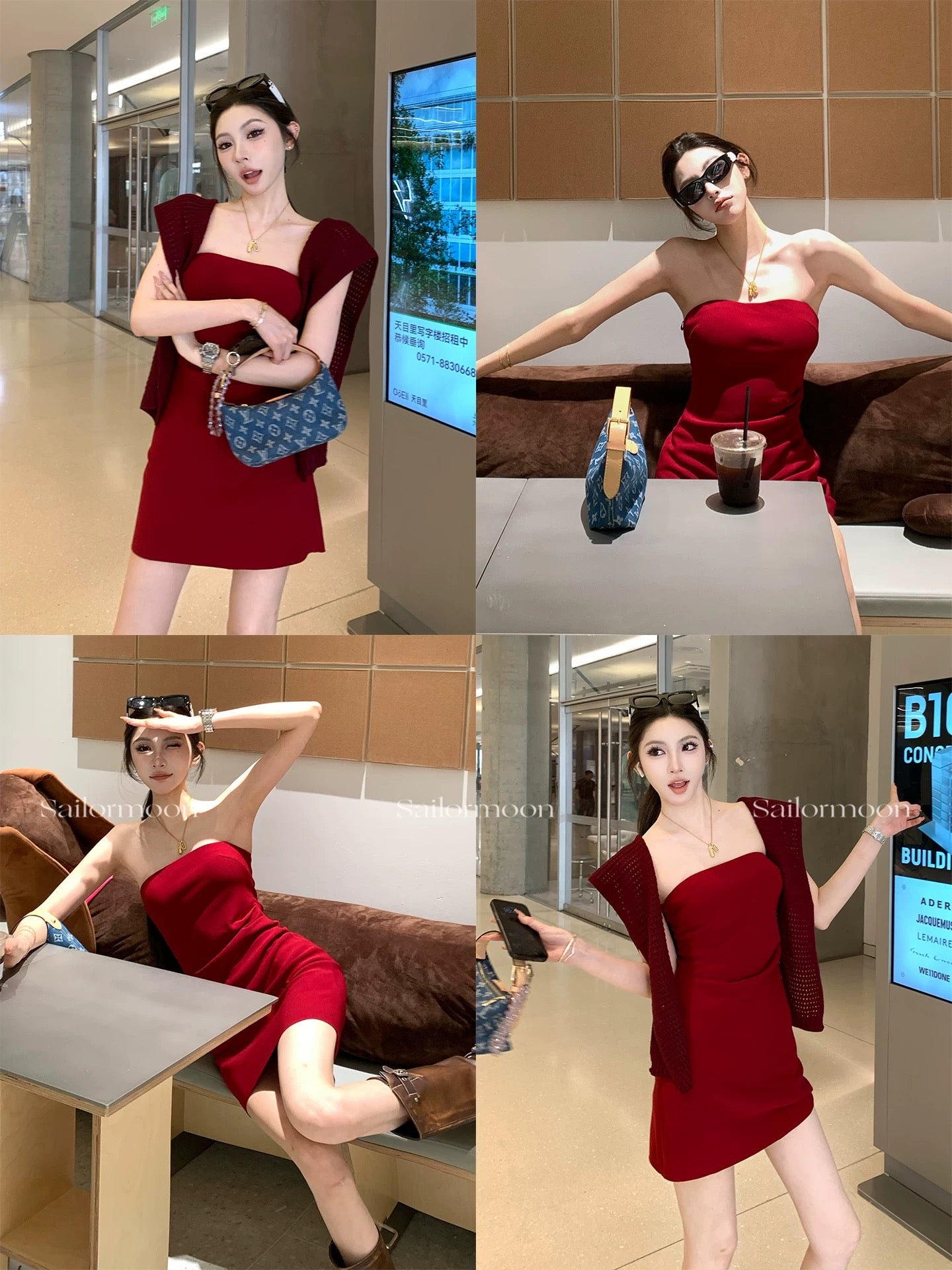 7.15/20 [Retro Girl] Retro red short slim waist tube top dress
