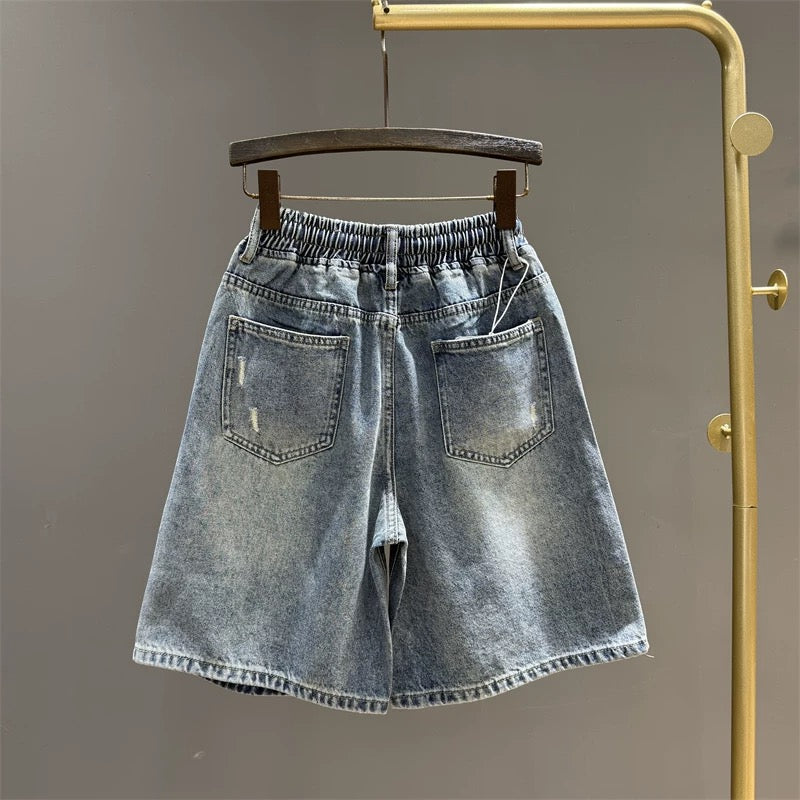 Retro design ripped denim shorts for women 2025 summer elastic waist loose wide-leg casual pants straight pants