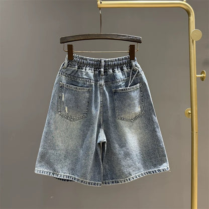 Retro design ripped denim shorts for women 2025 summer elastic waist loose wide-leg casual pants straight pants