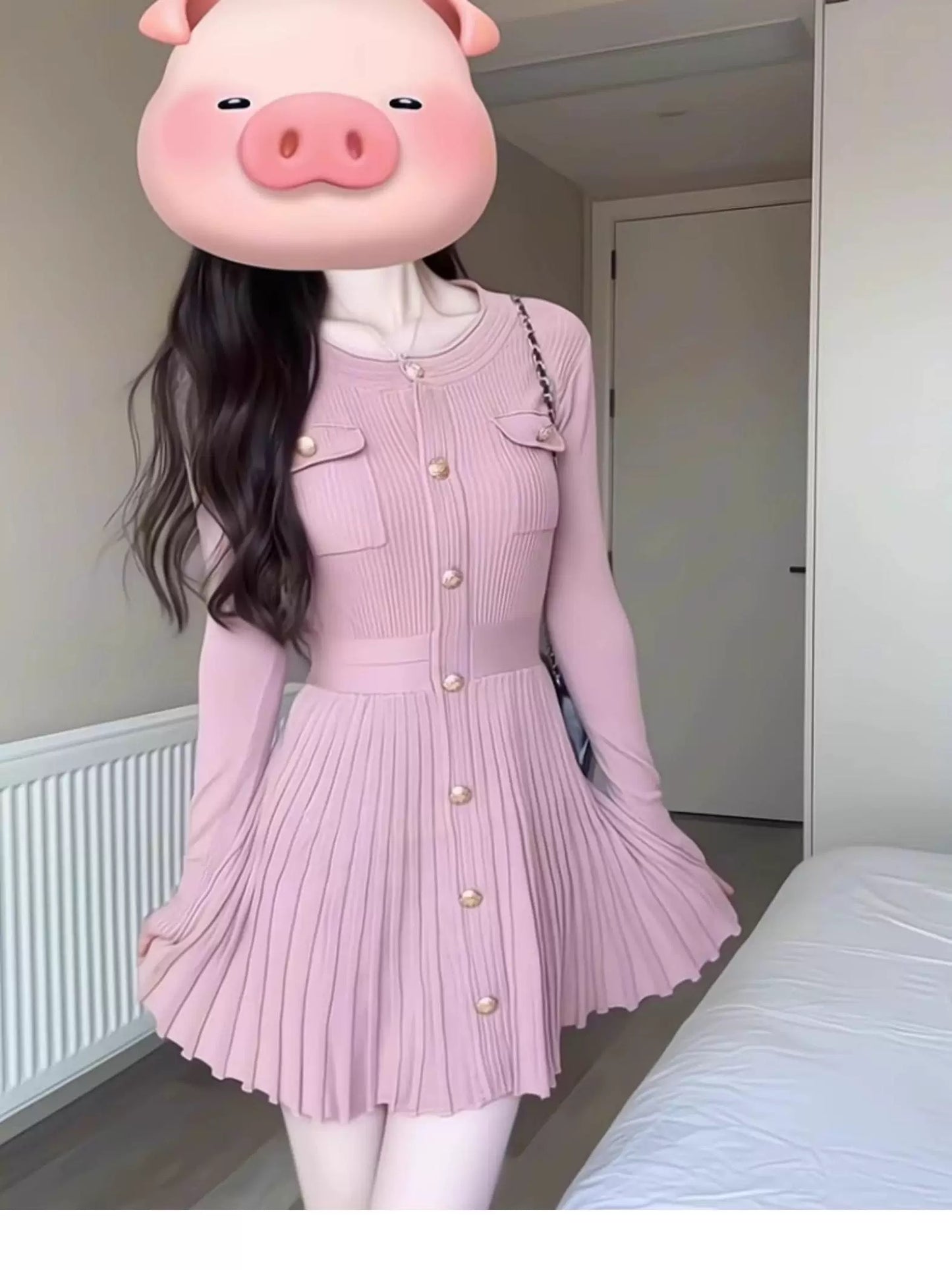 Xiaoxiangfeng atmosphere fishing style date skirt 2025 early spring new Korean style pink knitted dress short skirt for small people