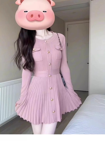 Xiaoxiangfeng atmosphere fishing style date skirt 2025 early spring new Korean style pink knitted dress short skirt for small people
