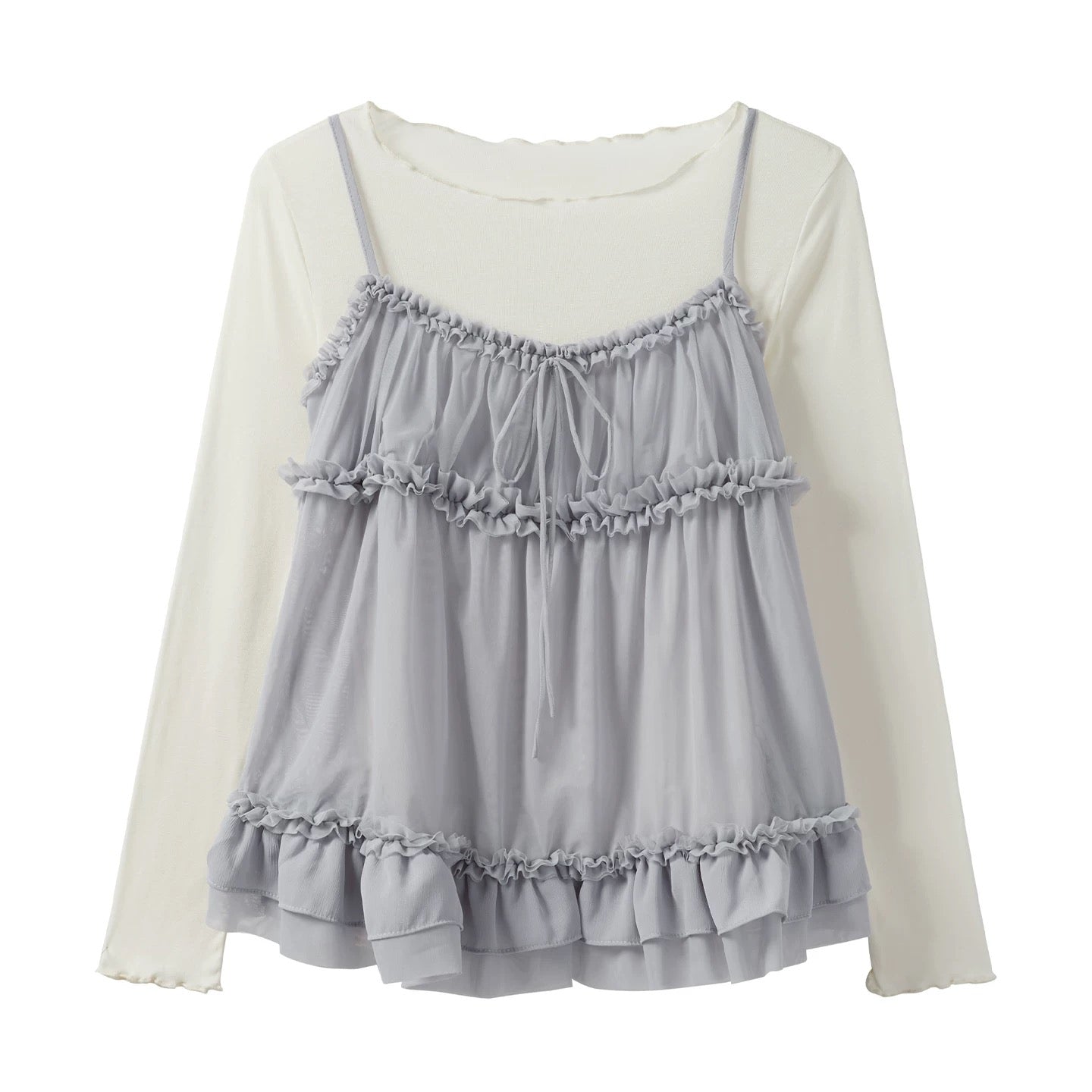 Autumn New French Sweet Style Round Neck Long Sleeve T-Shirt Set with Ruffled Lace Camisole Two-Piece Set for Women