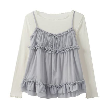 Autumn New French Sweet Style Round Neck Long Sleeve T-Shirt Set with Ruffled Lace Camisole Two-Piece Set for Women