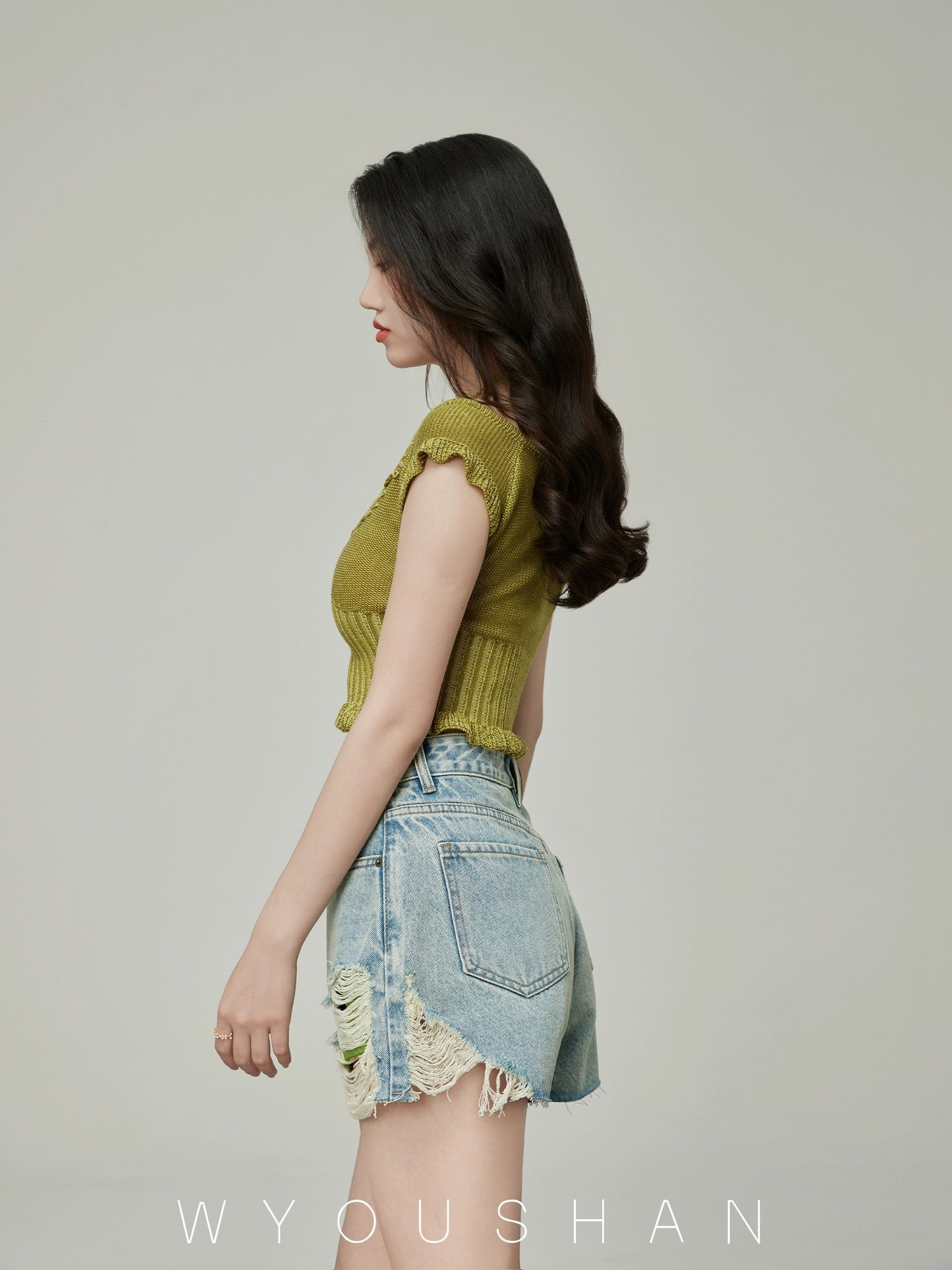 056 Wang Youshan ripped denim shorts women's loose summer high waist hot pants new 2024 thin a-line pants