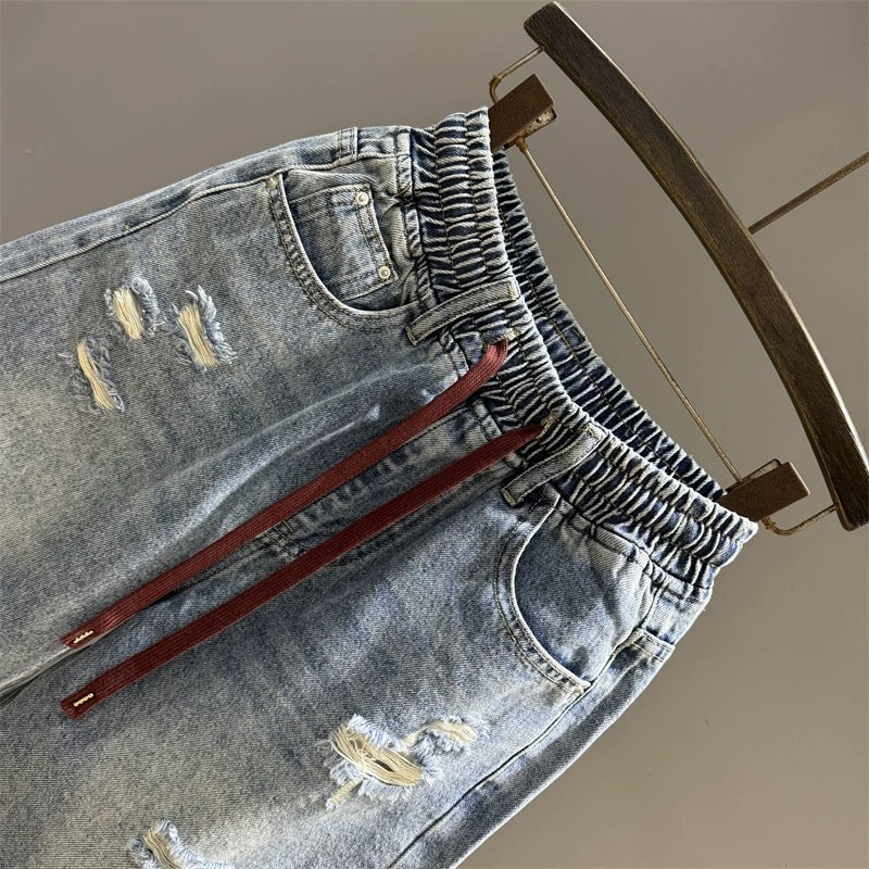 Retro design ripped denim shorts for women 2025 summer elastic waist loose wide-leg casual pants straight pants