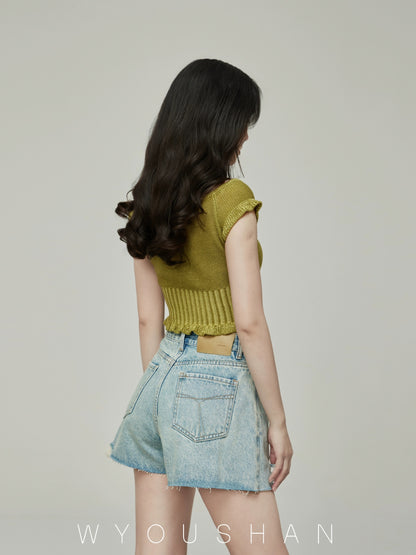056 Wang Youshan ripped denim shorts women's loose summer high waist hot pants new 2024 thin a-line pants