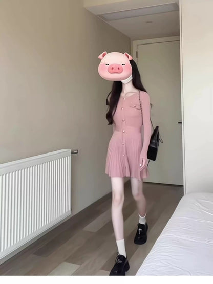 Xiaoxiangfeng atmosphere fishing style date skirt 2025 early spring new Korean style pink knitted dress short skirt for small people
