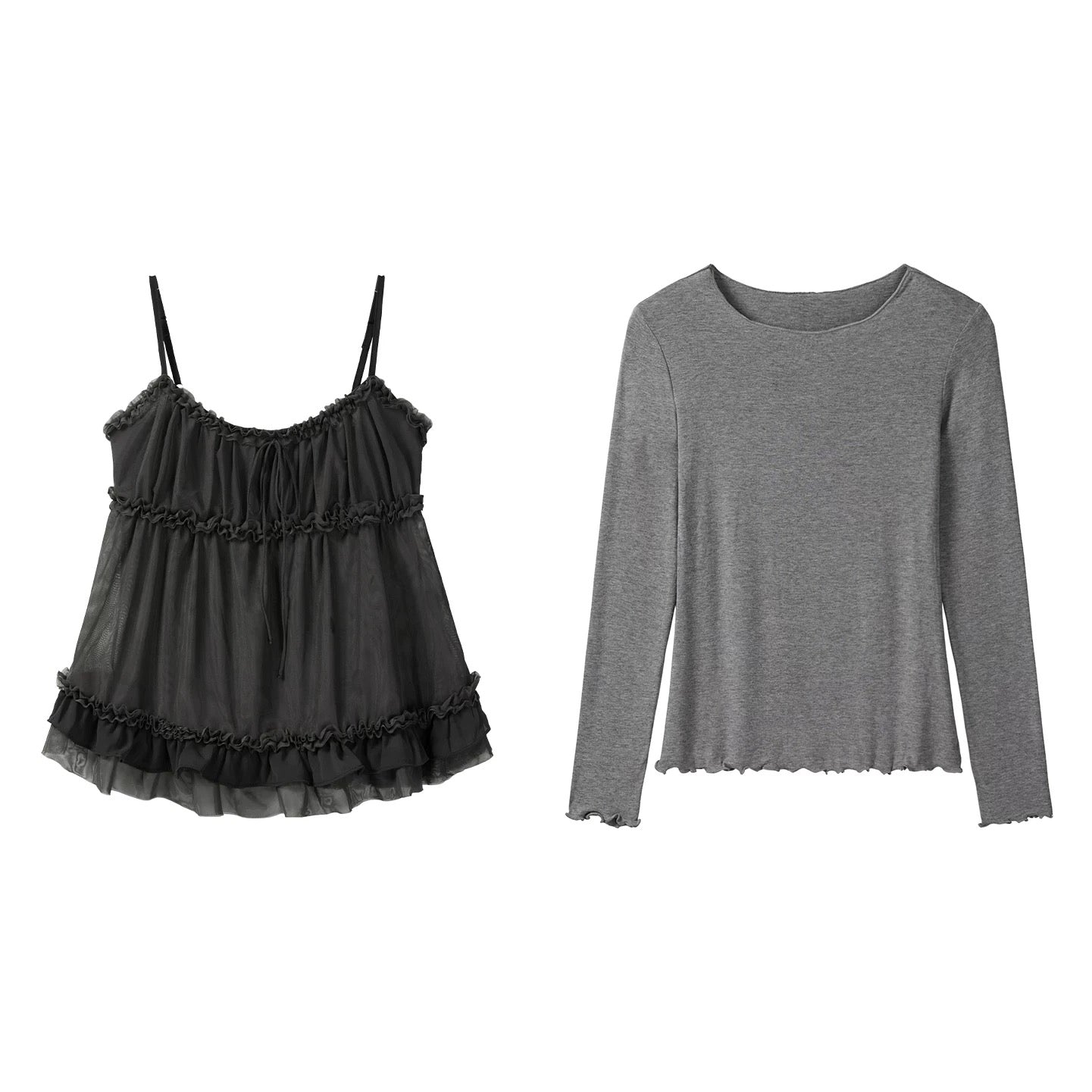 Autumn New French Sweet Style Round Neck Long Sleeve T-Shirt Set with Ruffled Lace Camisole Two-Piece Set for Women