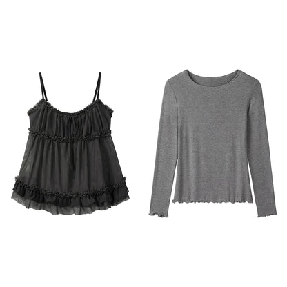 Autumn New French Sweet Style Round Neck Long Sleeve T-Shirt Set with Ruffled Lace Camisole Two-Piece Set for Women
