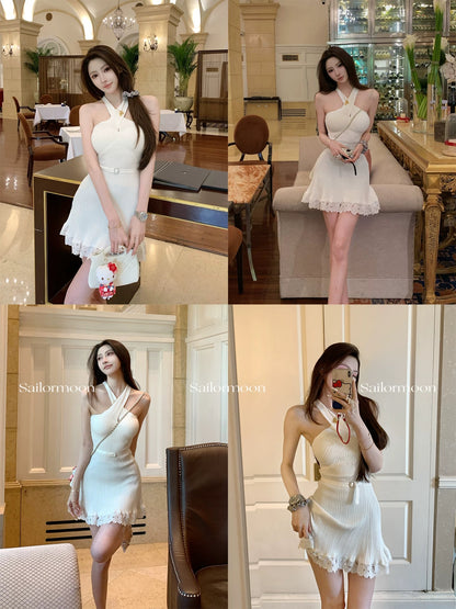 F PROJECT Ancient Little White Flower Pure Sleeveless Cross Halter Neck Belt Knitted Dress Temperament Slim