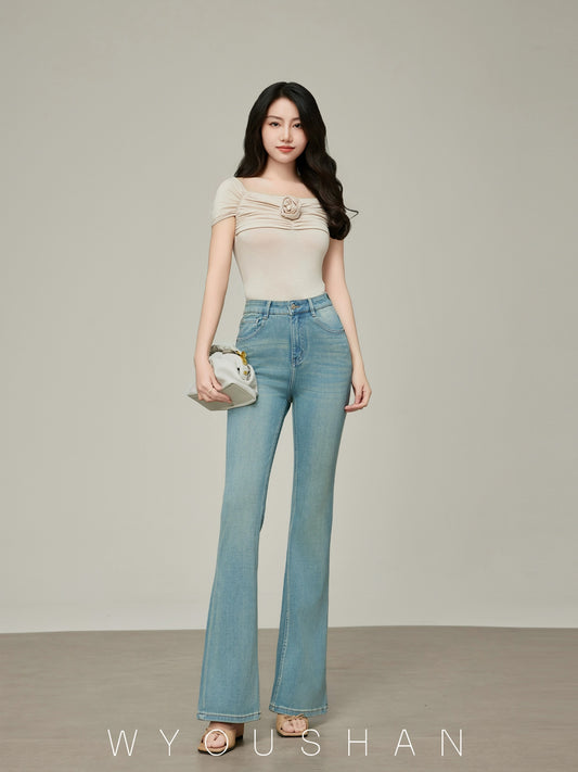 9109 Wang Youshan micro-flared jeans for women high waist new summer 2024 small people flared pants light color