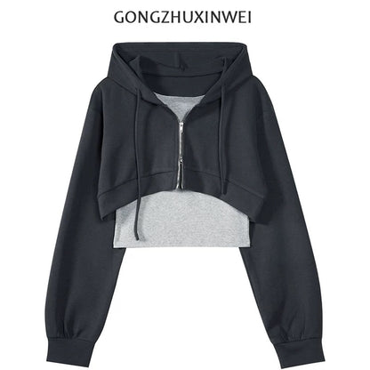 American-style hooded sweatshirt cardigan for women, high-waisted short top, slimming, two-piece set with inner vest.