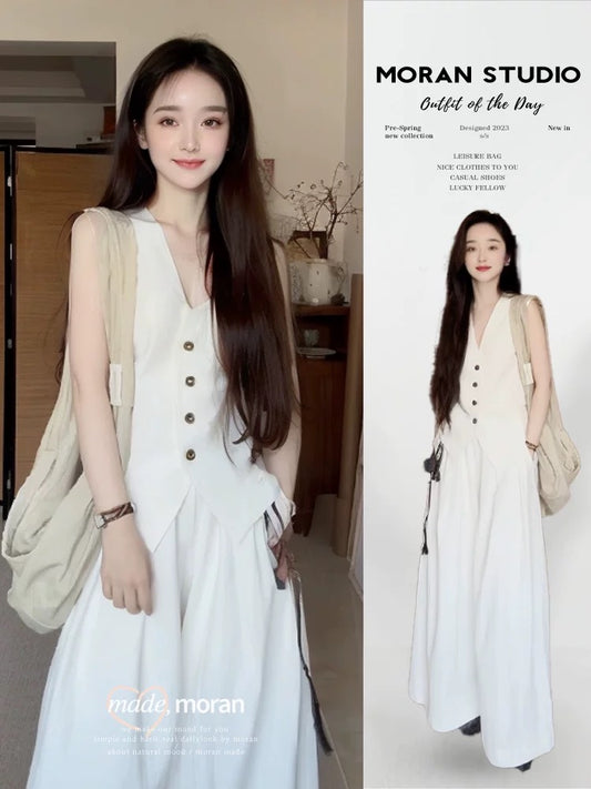 Cold salt style two-piece suit, unique and chic vest, wide-leg pants, a complete set of fashionable temperament for summer