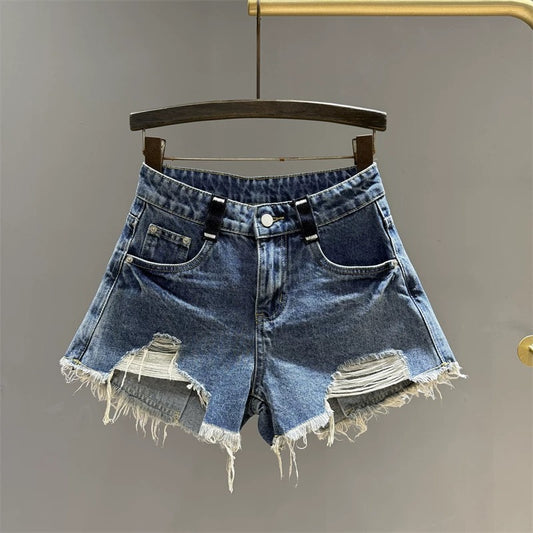 2025 summer new style raw edge ripped denim shorts female hot girl slim loose versatile a-line wide leg hot pants ins