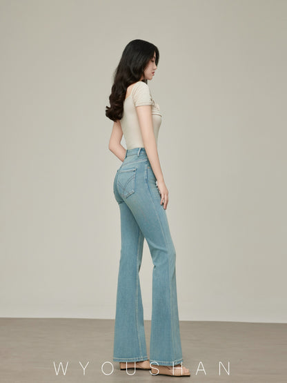 9109 Wang Youshan micro-flared jeans for women high waist new summer 2024 small people flared pants light color
