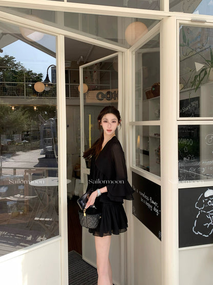 F RPOJECT【Qianjin vibe】Beautiful ruffled chiffon V-neck trumpet sleeve top + skirt set