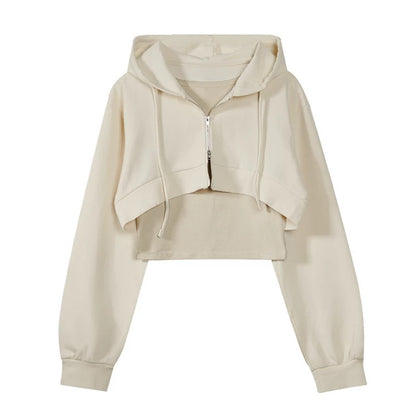 American-style hooded sweatshirt cardigan for women, high-waisted short top, slimming, two-piece set with inner vest.
