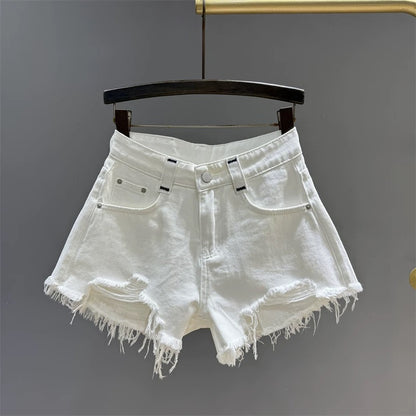 2025 summer new style raw edge ripped denim shorts female hot girl slim loose versatile a-line wide leg hot pants ins