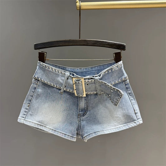 American retro rivet belt slim hot girl denim shorts women's summer new style all-match sexy a-line hot pants