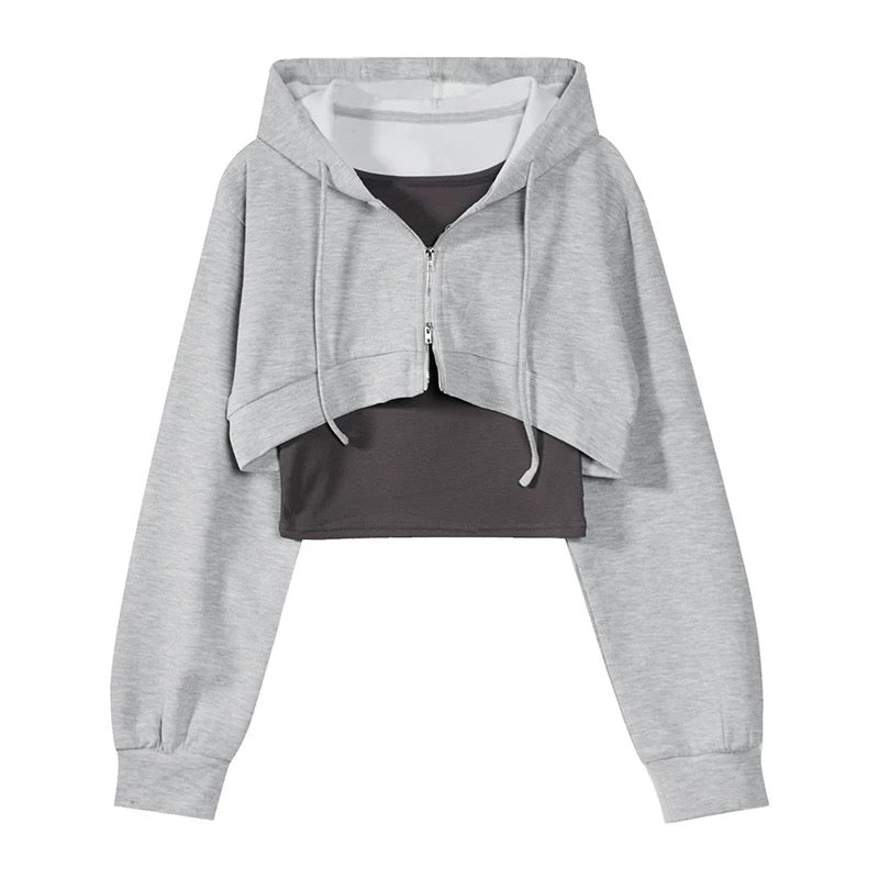 American-style hooded sweatshirt cardigan for women, high-waisted short top, slimming, two-piece set with inner vest.