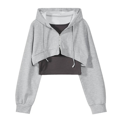 American-style hooded sweatshirt cardigan for women, high-waisted short top, slimming, two-piece set with inner vest.