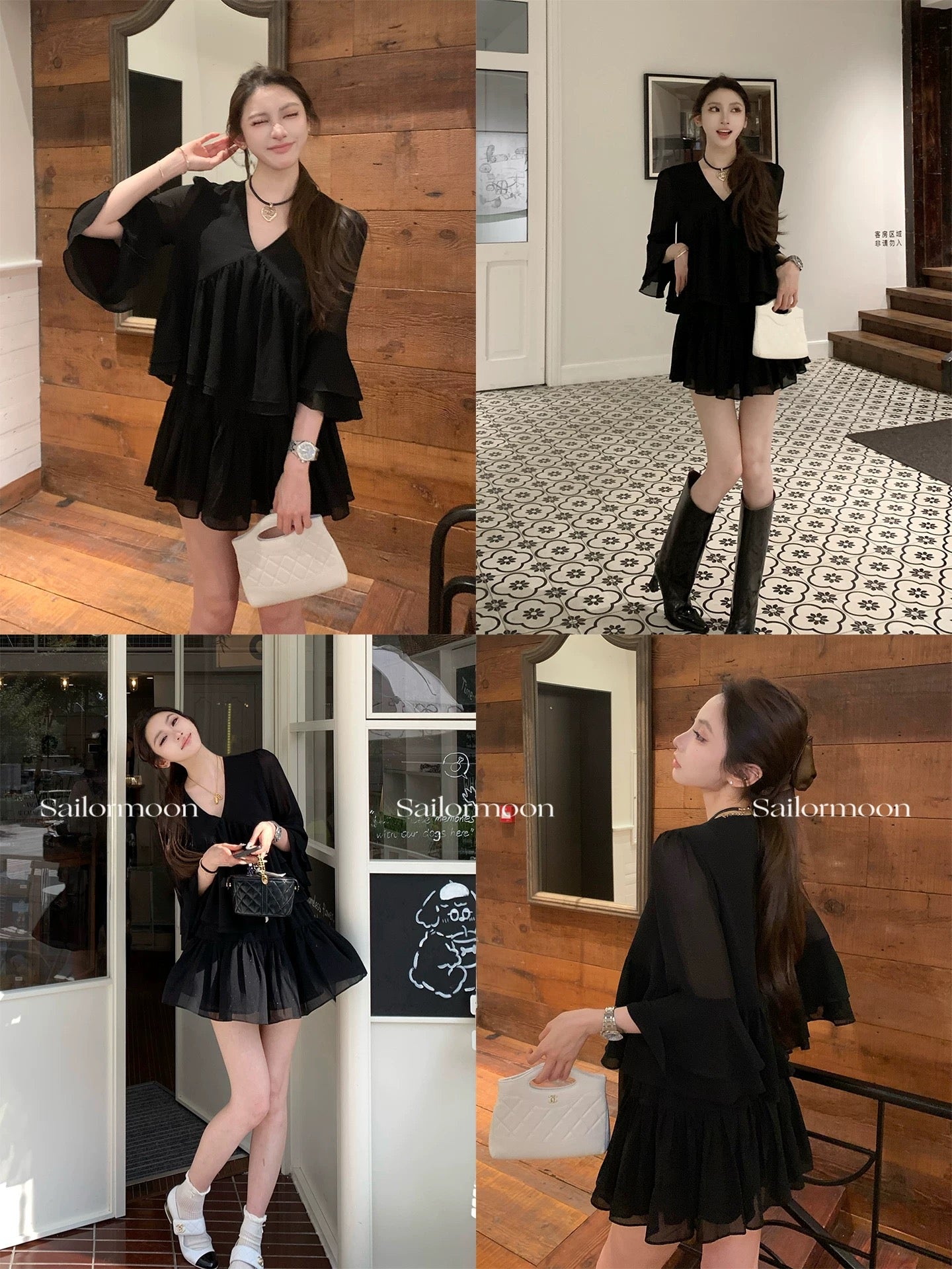 F RPOJECT【Qianjin vibe】Beautiful ruffled chiffon V-neck trumpet sleeve top + skirt set