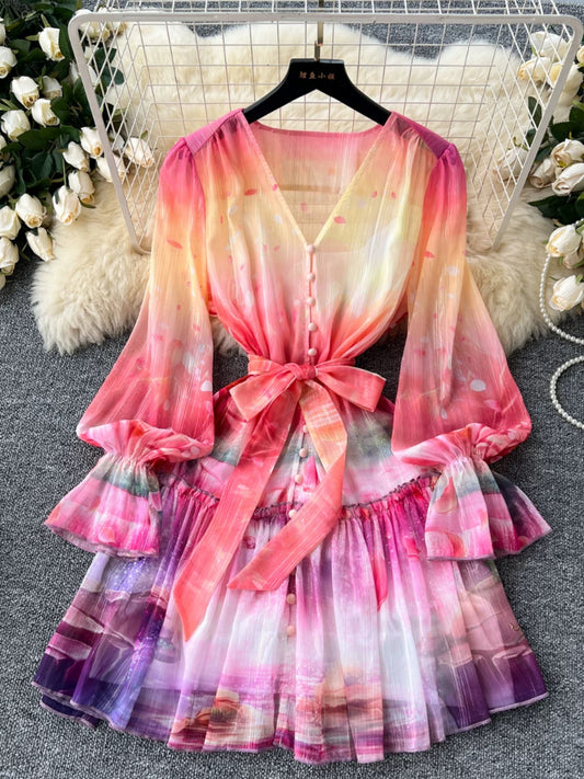 European and American design bell-sleeve dress for women French gentle style printed waist strap V-neck ruffle skirt