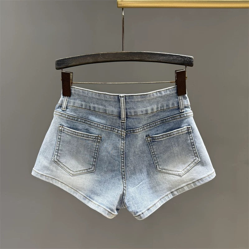 American retro rivet belt slim hot girl denim shorts women's summer new style all-match sexy a-line hot pants